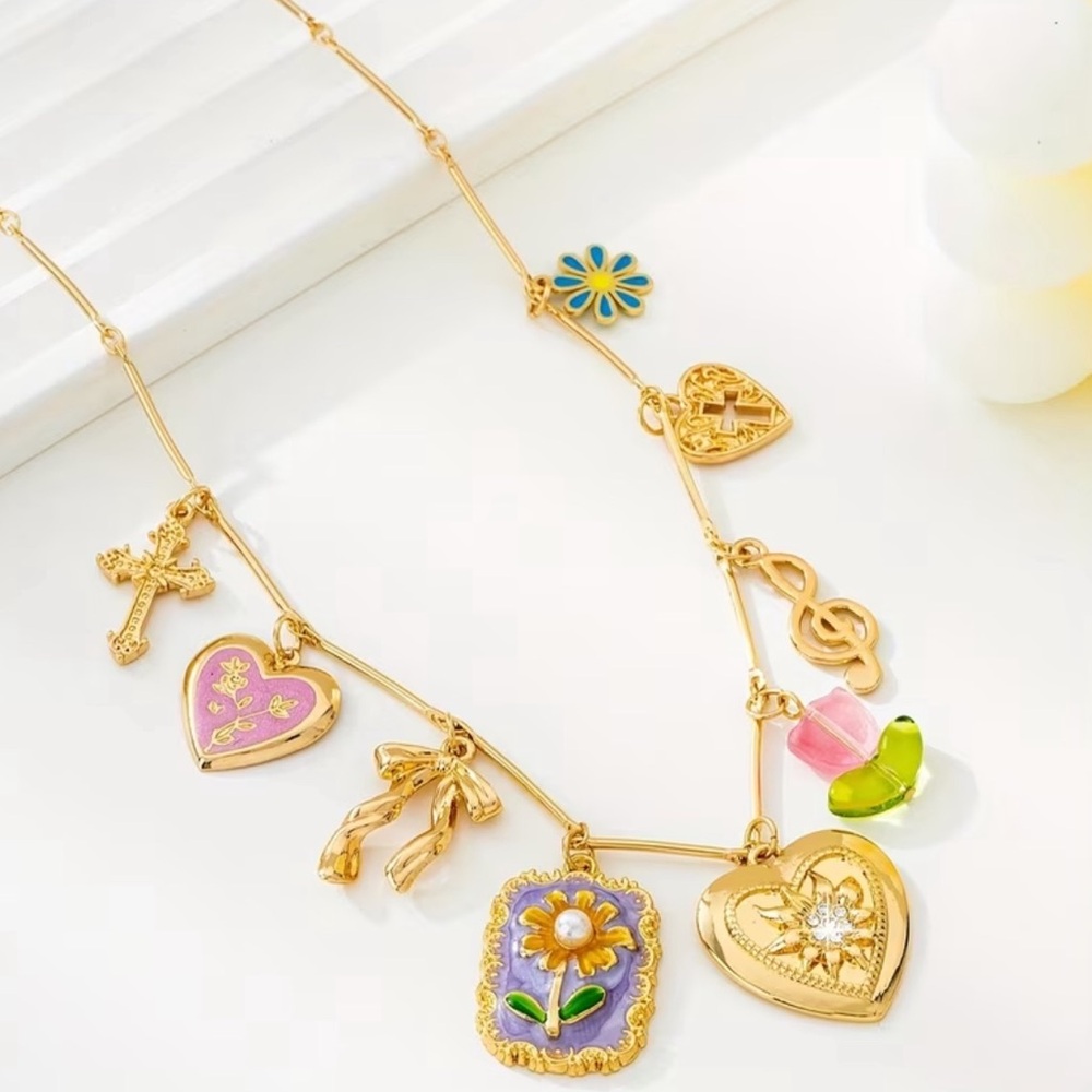 🆕Gold Charm Pendant Necklace with Cross & Colorful Accents